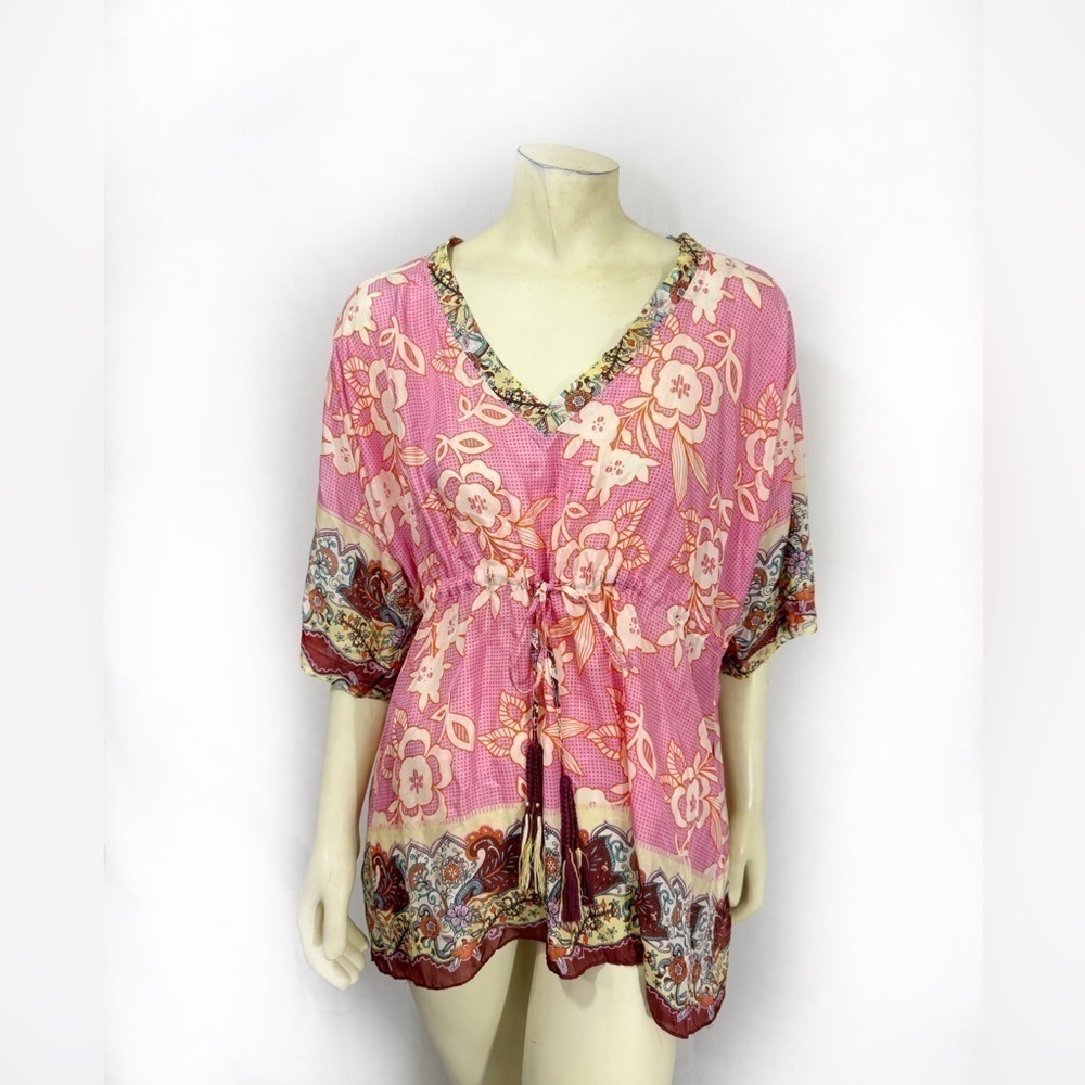Johnny Was Silk Floral Handkerchief Tunic Kaftan Blouse Size L